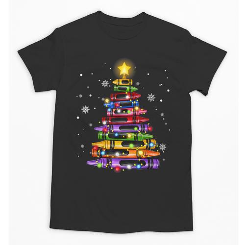 Teacher Crayon Christmas Tree Lights Student School Xmas Unisex T-Shirt - teacherstshirts.com UK