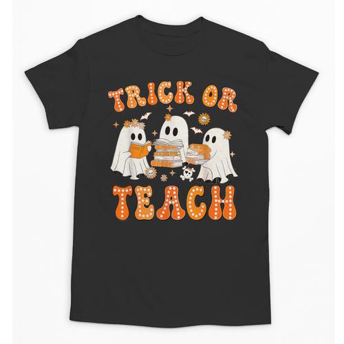 Teacher Halloween Trick Or Teach Retro Groovy Floral Ghost Unisex T-Shirt - teacherstshirts.com UK