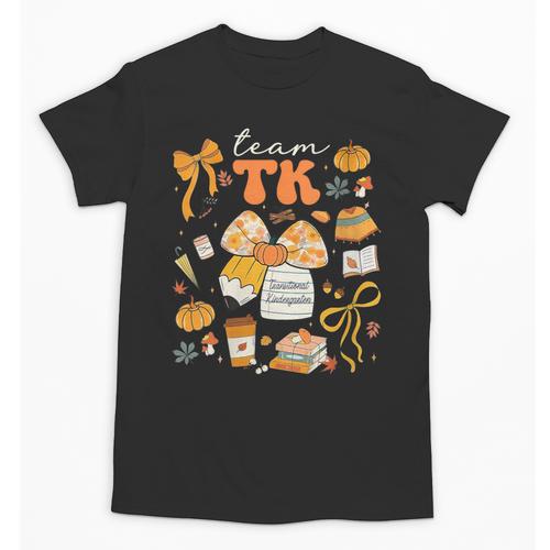 Team TK Crew Preppy Coquette Bow Pumpkin Fall TK Teacher Unisex T-Shirt - teacherstshirts.com AU