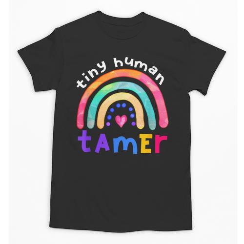Tiny Human Tamer Watercolor Rainbow Daycare Teacher Unisex T-Shirt - teacherstshirts.com CA
