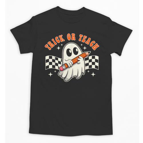 Trick Or Teach Groovy Retro Ghost Halloween Teacher Kids Unisex T-Shirt - teacherstshirts.com DE