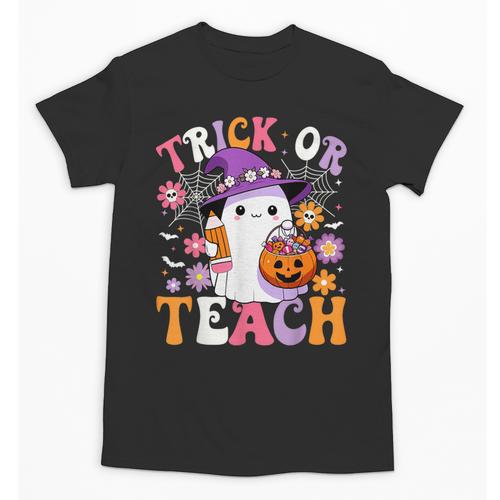 Trick Or Teach Groovy Teacher Ghost Halloween Teacher Unisex T-Shirt - teacherstshirts.com UK