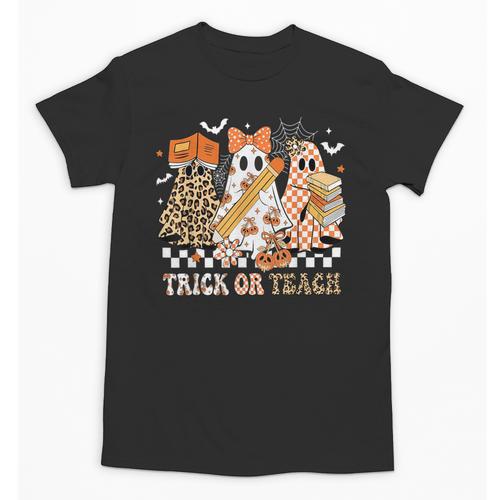 Trick Or Teach Groovy Teacher Halloween Floral Ghost Unisex T-Shirt - teacherstshirts.com