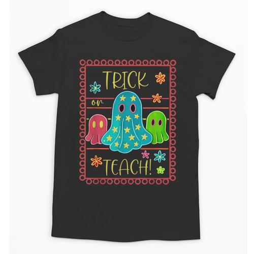 Trick Or Teach Neon Ghost Flower Teacher Spooky Halloween Unisex T-Shirt - teacherstshirts.com AU
