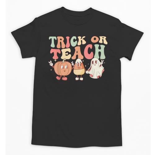 Trick Or Teach Pumpkin Candy Corn Ghost Halloween Teacher Unisex T-Shirt - teacherstshirts.com AU