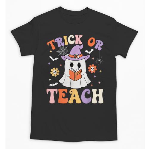 Trick Or Teach Teacher Groovy Ghost Halloween Teacher Unisex T-Shirt - teacherstshirts.com CA