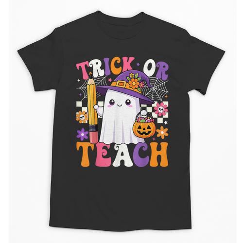 Trick Or Teach Teacher Pencil Ghost Halloween Teacher Unisex T-Shirt - teacherstshirts.com CA