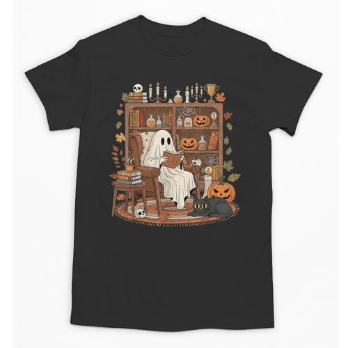 Vintage Ghost Book Reading Pumpkin Gothic Halloween Teachers Unisex T-Shirt - teacherstshirts.com