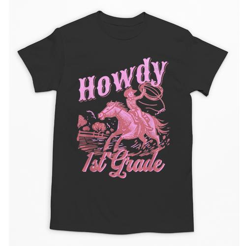 Vintage Howdy First Grade Cowgirl Teacher Western School Unisex T-Shirt - teacherstshirts.com AU