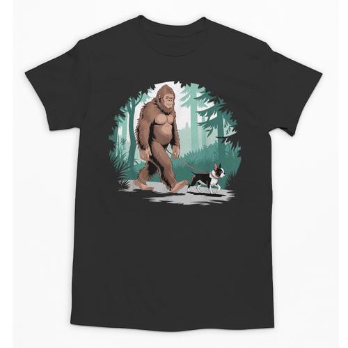Whimsical Forest Adventures Sasquatch Bigfoot Walking Boston Terrier Dog Lovers Unisex T-Shirt - Bostonterriersmerch.com