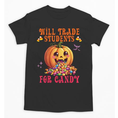 Will Trade Students For Candy Teacher Cute Halloween Pumpkin Unisex T-Shirt - teacherstshirts.com