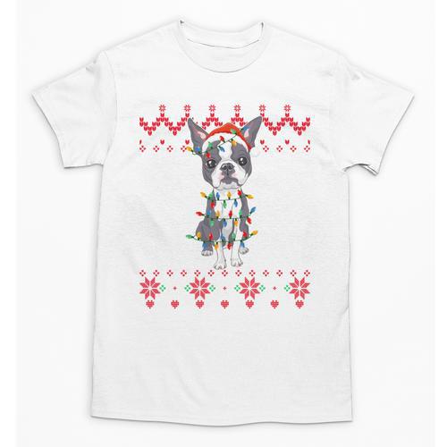 Boston Terrier Dog Santa Hat Men Kids Ugly Christmas Light Unisex T-Shirt - Bostonterriersmerch.com
