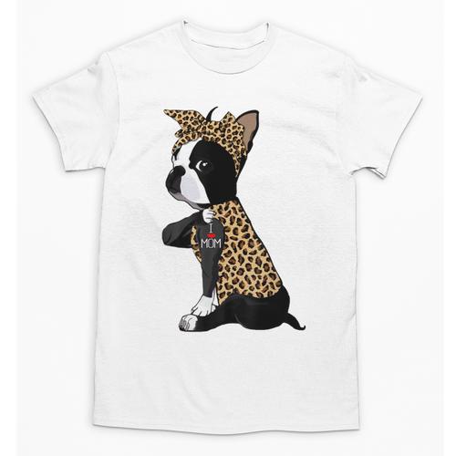Boston Terrier Lover I Love Mom Tattoo Leopard Unisex T-Shirt - Bostonterriersmerch.com