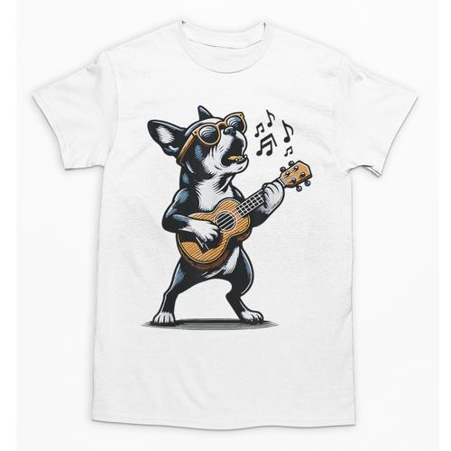 Dog Playing Guitar Singing Boston Terrier For Men Women Girls Kids Unisex T-Shirt - Bostonterriersmerch.com
