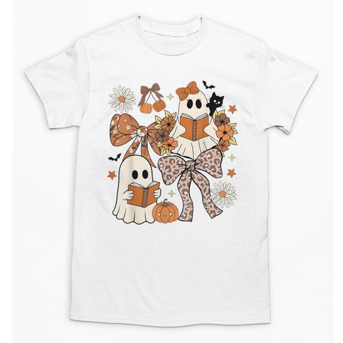 Ghost Reading Books Halloween Bow Spooky Teacher Student Unisex T-Shirt - teacherstshirts.com CA