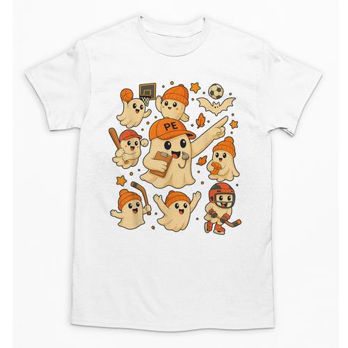 Halloween PE Teacher Costume Ghost Physical Education Unisex T-Shirt - teacherstshirts.com CA