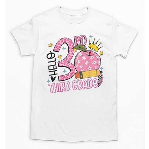 Hello 3rd Third Grade Back To School Pink Leopard Teacher Unisex T-Shirt - teacherstshirts.com DE