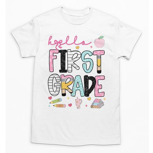 Hello First Grade Teacher Coquette Pencil Bow Back To School Unisex T-Shirt - teacherstshirts.com AU