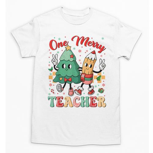 One Merry Teacher Groovy Christmas Tree Pjs Xmas Teacher Unisex T-Shirt - teacherstshirts.com UK