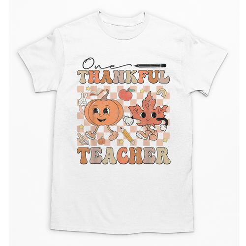 One Thankful Teacher Thanksgiving Groovy Fall Autumn Teacher Unisex T-Shirt - teacherstshirts.com AU