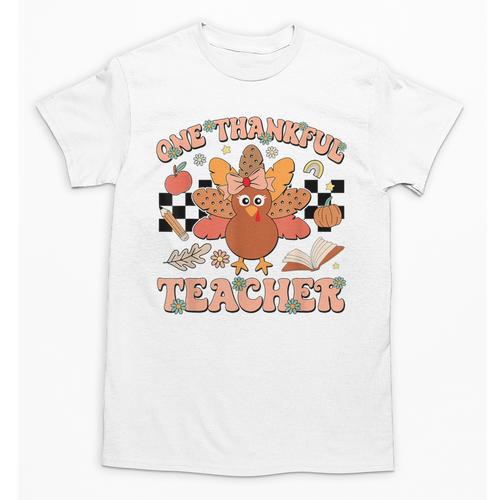 One Thankful Teacher Thanksgiving Retro Groovy Fall Teachers Unisex T-Shirt - teacherstshirts.com AU