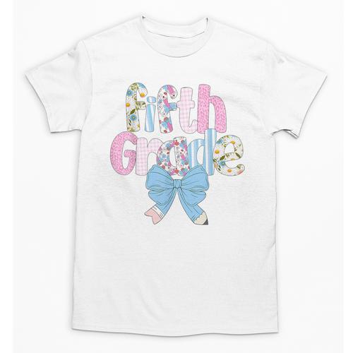 Preppy Fifth Grade Teacher Blue Floral Coquette Pencil Bow Unisex T-Shirt - teacherstshirts.com AU