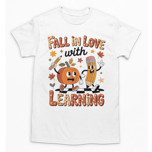 Retro Fall In Love With Learning Autumn Pumpkin Teacher Kids Unisex T-Shirt - teacherstshirts.com UK