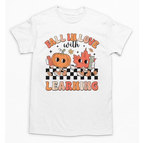 Retro Fall In Love With Learning Autumn Pumpkin Teacher Unisex T-Shirt - teacherstshirts.com UK