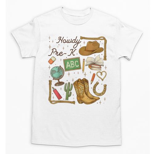 Retro Howdy Pre-K Back To School Western Teacher Unisex T-Shirt - teacherstshirts.com AU