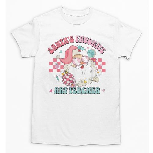 Retro Pink Christmas Santa's Favorite Art Teacher Artist Unisex T-Shirt - teacherstshirts.com UK