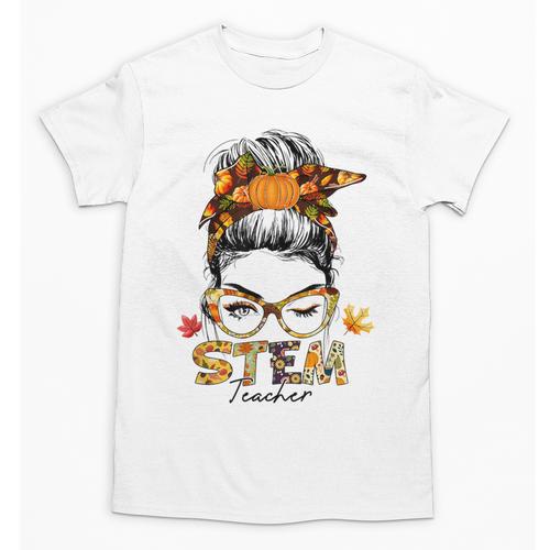 STEM Teacher Messy Bun Fall Vibes Autumn Thanksgiving Men Women Unisex T-Shirt - teacherstshirts.com AU