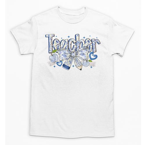 Teacher Blue Chinoiserie Coquette Bow Heart Teacher Life Unisex T-Shirt - teacherstshirts.com UK