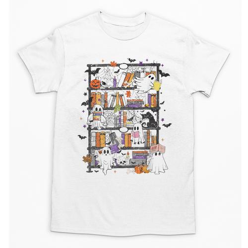 Teacher Library Ghost Reading Book Halloween Cat Unisex T-Shirt - teacherstshirts.com