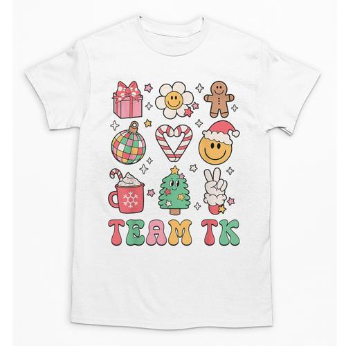 Team TK Teacher Christmas Groovy Smile Face Girl Boy Kid TK Unisex T-Shirt - teacherstshirts.com CA
