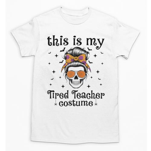This Is My Tired Teacher Costume Skull Halloween Messy Bun Unisex T-Shirt - teacherstshirts.com AU