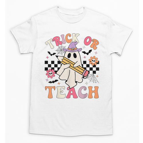 Trick Or Teach Groovy Teacher Halloween Retro Floral Ghost Unisex T-Shirt - teacherstshirts.com UK
