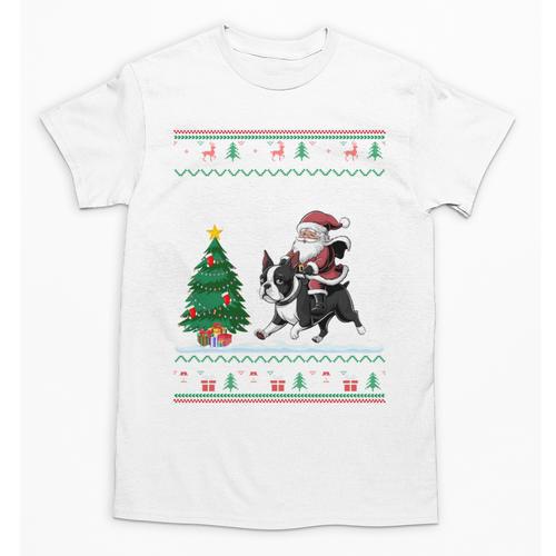 Ugly Christmas Tree Lights Xmas Santa Riding Boston Terrier Unisex T-Shirt - Bostonterriersmerch.com