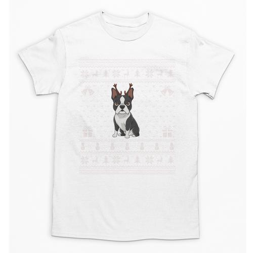 Ugly Xmas Sweater Style Boston Terrier Reindeer Christmas Unisex T-Shirt - Bostonterriersmerch.com