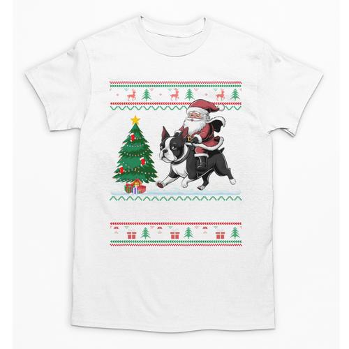 Xmas Tree Lighting Santa Riding Boston Terrier Christmas Unisex T-Shirt - Bostonterriersmerch.com
