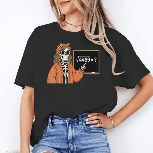 67 Math Teacher Skeleton Halloween Root 4489 Messy Bun Women Women's T-Shirt - teacherstshirts.com