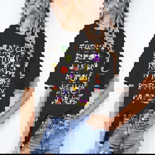 Alphabet ABCs Halloween Characters Kindergarten Teacher Kids Women&#x27;s T-Shirt - teacherstshirts.com