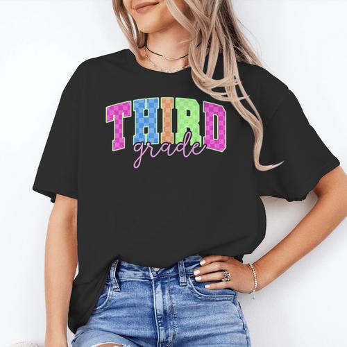 Back To School Neon Checkered Third Grade Colorful Teacher Women's T-Shirt - teacherstshirts.com