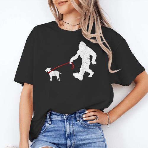 Bigfoot Walking With Bull Terrier Dog Women's T-Shirt - Bostonterriersmerch.com