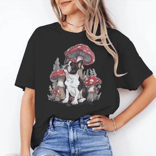 Boston Terrier Dog Cottagecore Aesthetic Mushroom Hat Women's T-Shirt - Bostonterriersmerch.com
