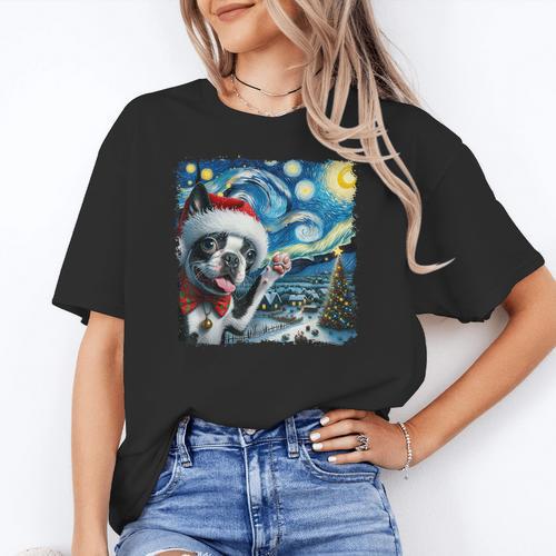 Boston Terrier Santa Starry Night Van Gogh Christmas Dog Men Women Kids Women's T-Shirt - Bostonterriersmerch.com