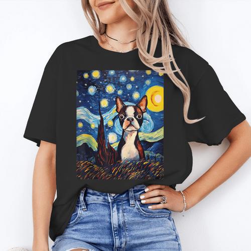 Boston Terrier Starry Night Van Gogh Art Women's T-Shirt - Bostonterriersmerch.com