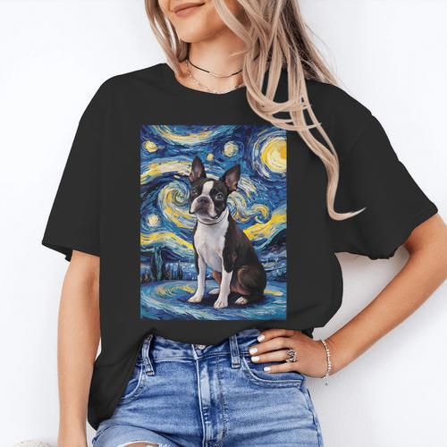 Boston Terrier Van Gogh Starry Night Women's T-Shirt - Bostonterriersmerch.com