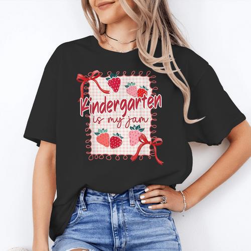 Bow Strawberry Kindergarten Is My Jam Teacher Kinder Team Women's T-Shirt - teacherstshirts.com AU