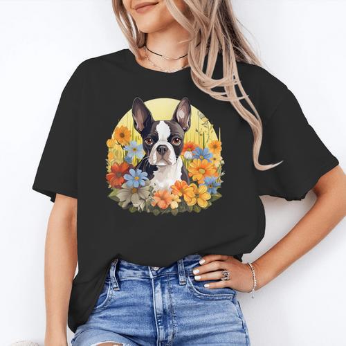 Cute Boston Terrier Spring Flower Garden Colorful Puppy Dog Women's T-Shirt - Bostonterriersmerch.com