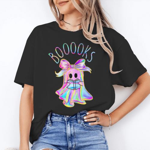 Cute Ghost Book Reading Halloween Teacher Top Girls Women Women's T-Shirt - teacherstshirts.com DE